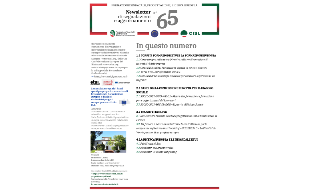 Newsletter Formazione Progettazione Ricerca Europea N°65